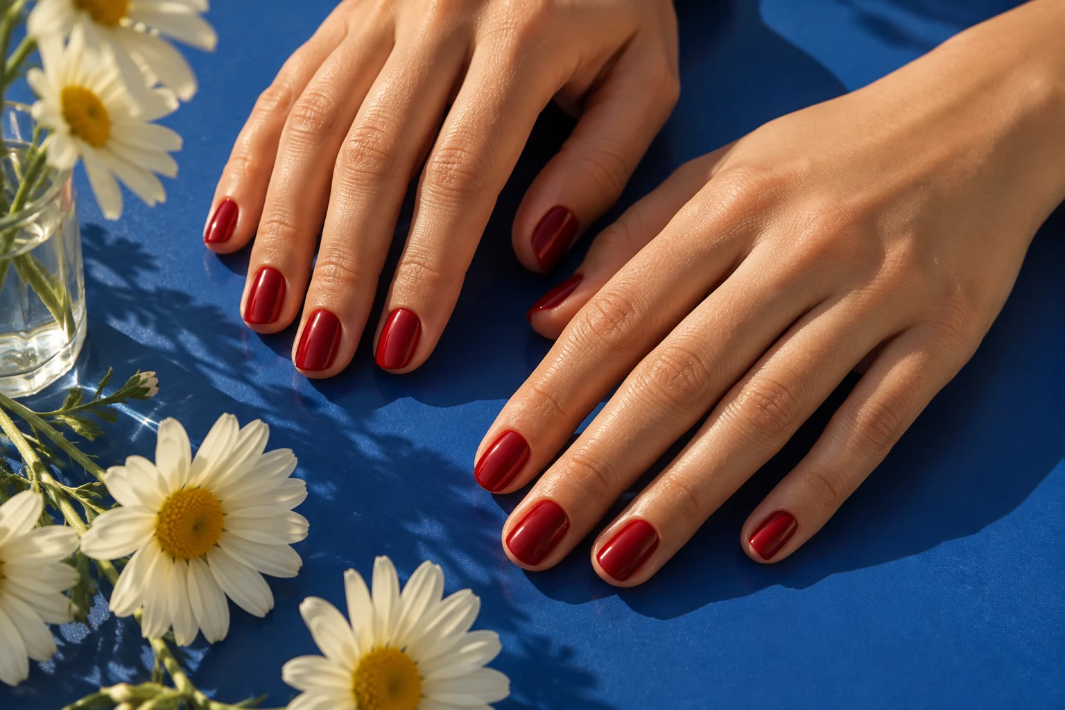 Illustrative cherry-red manicure with cream daisies on a blue surface